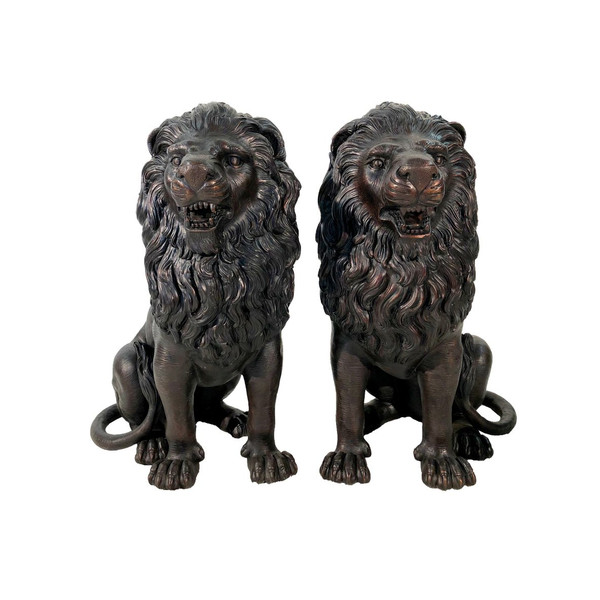 Snarling Lions Bronze Statues Set Pair Roaring Wild Cat Garden Sculptures